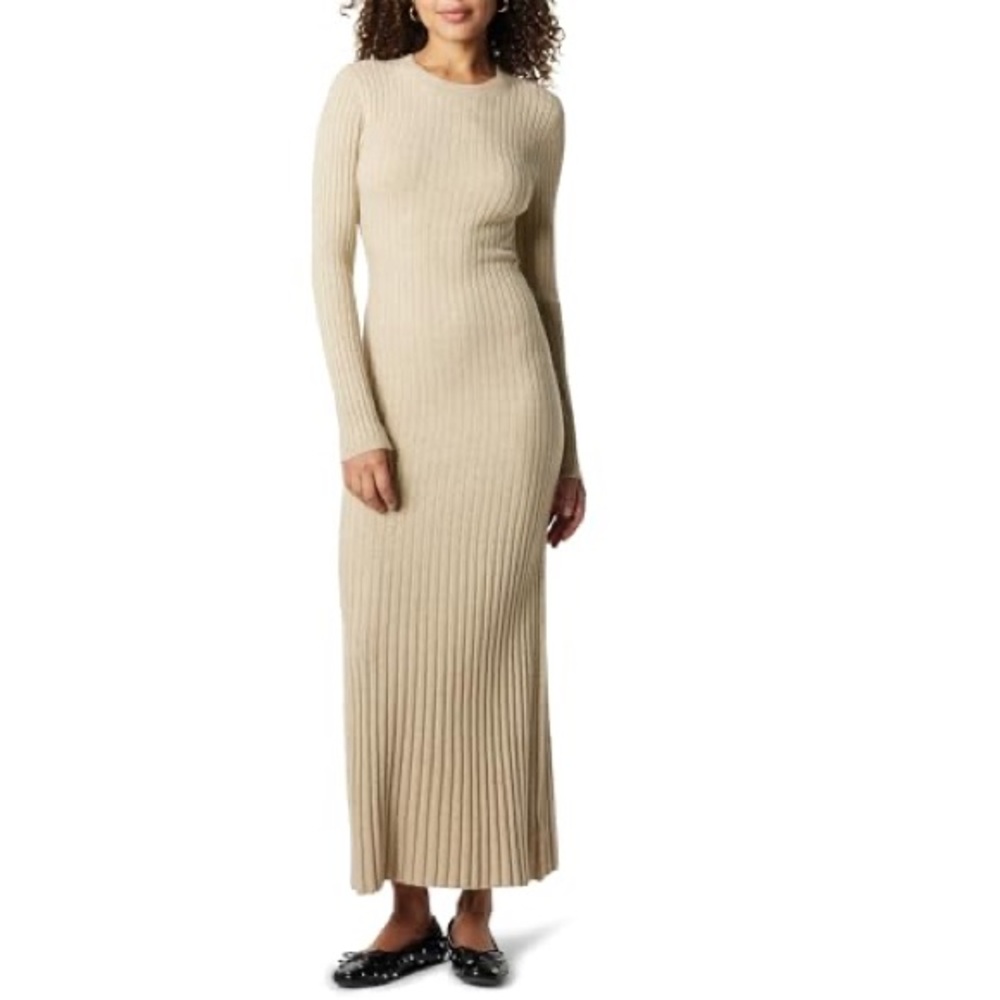 Classy Beige Ribbed Knit Sweater Maxi Dress